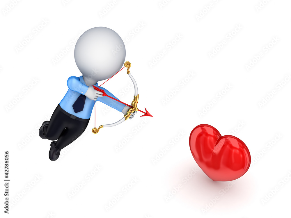 3d small person shooting at a red heart. 3d small person shooting at a red heart.