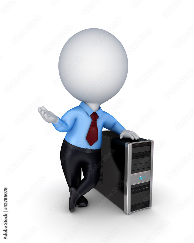 3d small person pushing black PC. 3d small person pushing black PC.