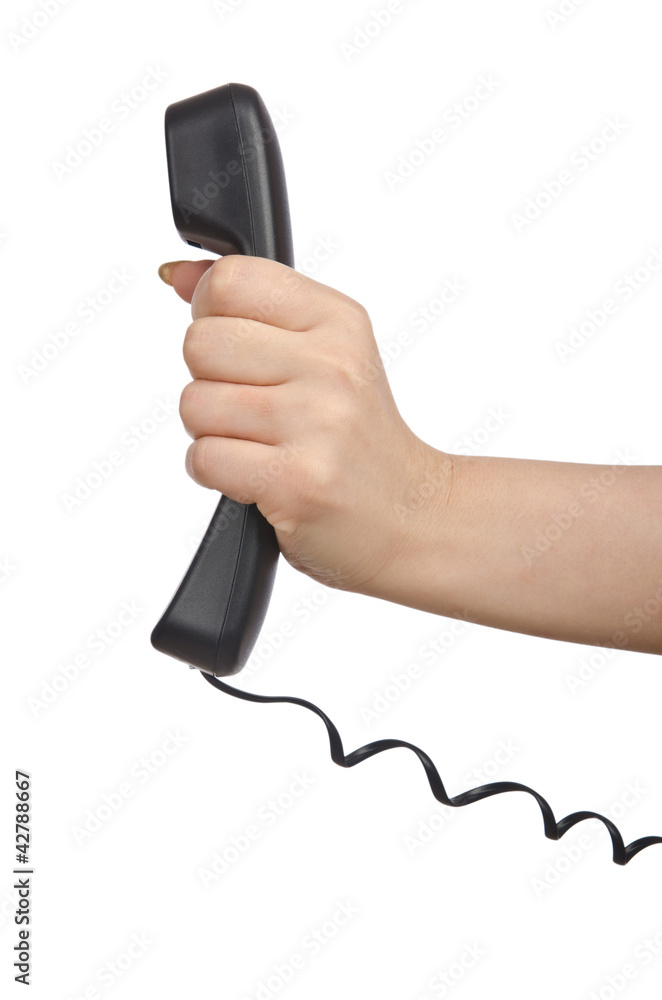 Hand with phone isolated on white