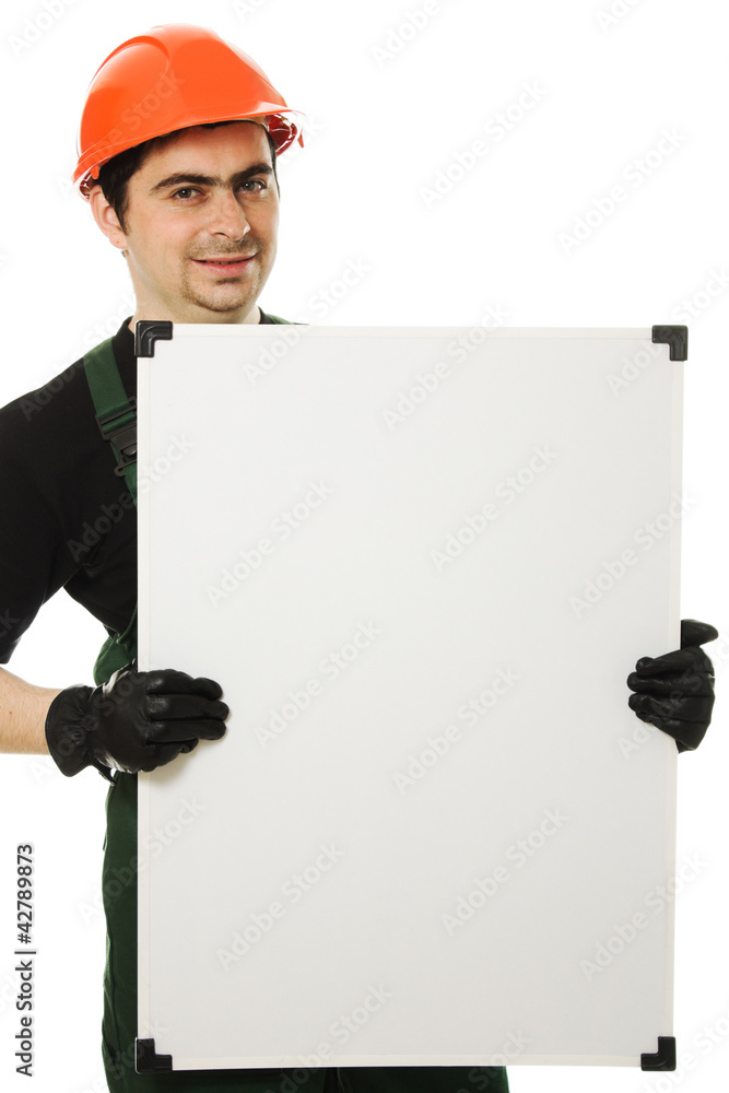Senior constructor holding the blank board Senior constructor holding the blank board