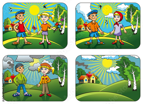 Weather conditions: hot, warmly, cool, windy. Vector