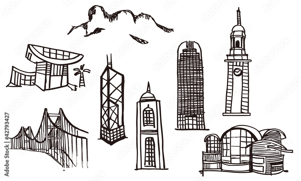 Obraz premium Hong Kong landmarks in hand sketch style