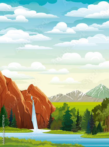 Summer landscape with waterfall and clouds