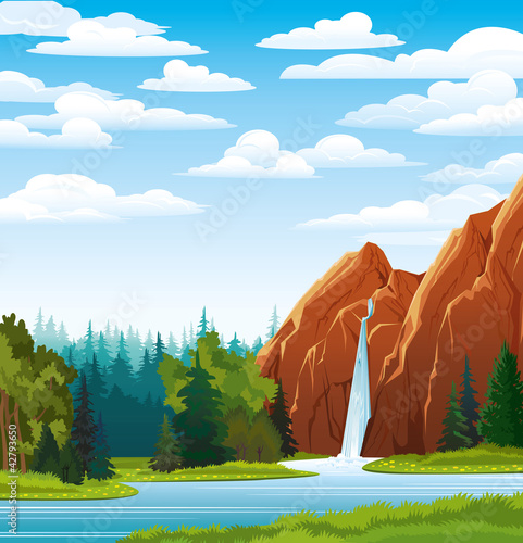 Summer landscape with waterfall, forest and clouds