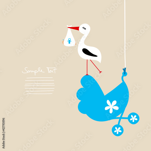 Stork With Baby Boy On Hanging Blue Buggy Beige