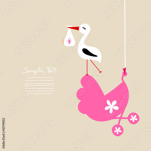 Stork With Baby Girl On Hanging Pink Buggy Beige