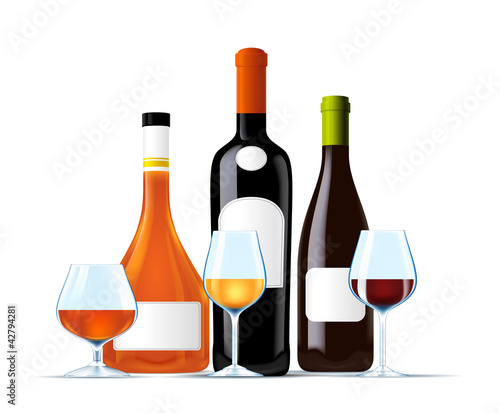 Set of wine and cognac bottles