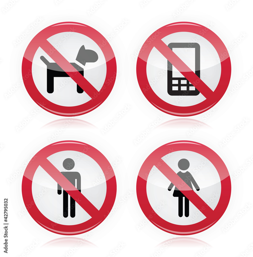 No dogs, No mobile phones, No men, No women warning sign . No dogs, No mobile phones, No men, No women warning sign .