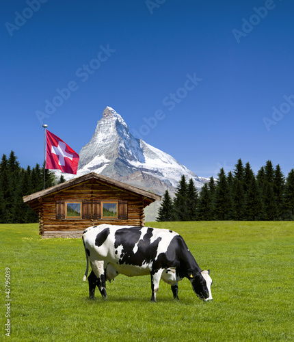 Matterhorn mit Almhütte und Kuh