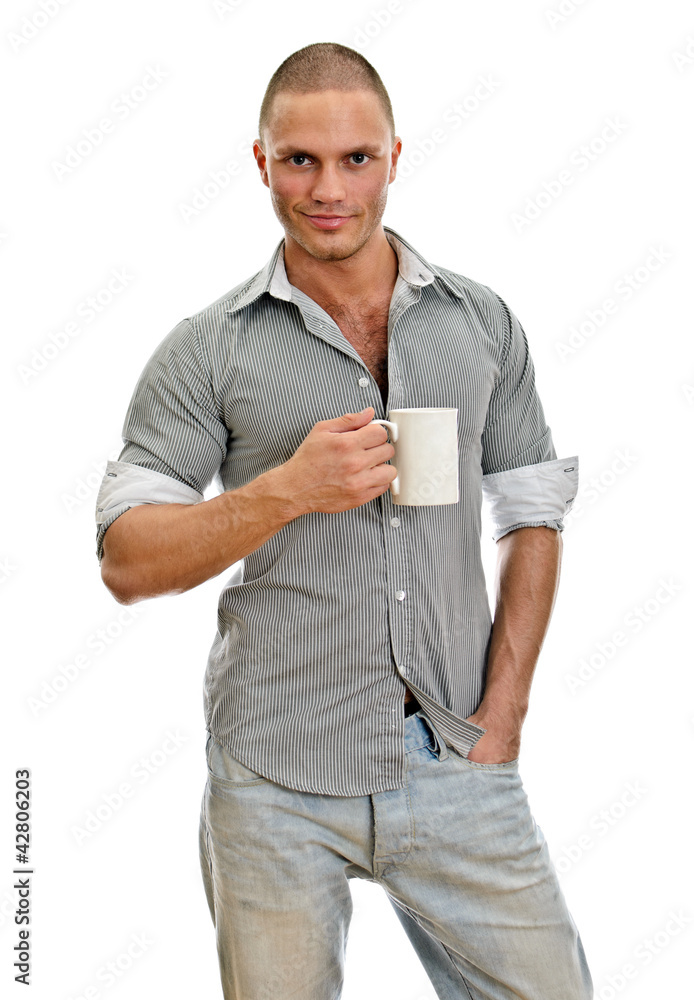 Man with cup of tea. Isolated on white.