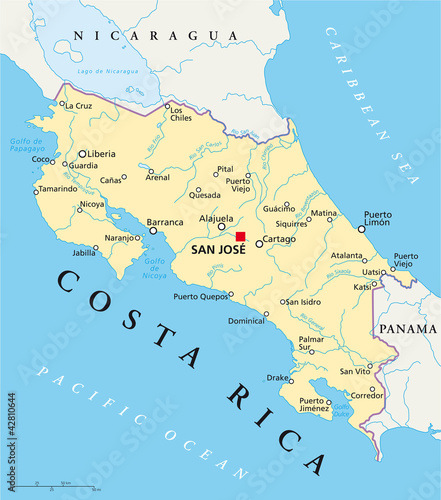 Costa Rica political map with capital San José, national borders, most important cities, rivers and lakes. Illustration with English labeling and scaling. Vector.