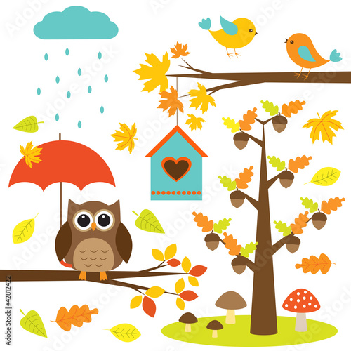 Birds,trees and owl. Autumnal set of vector elements #42812422