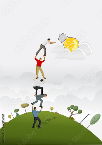 Business people carrying each other to reach a idea light bulb.