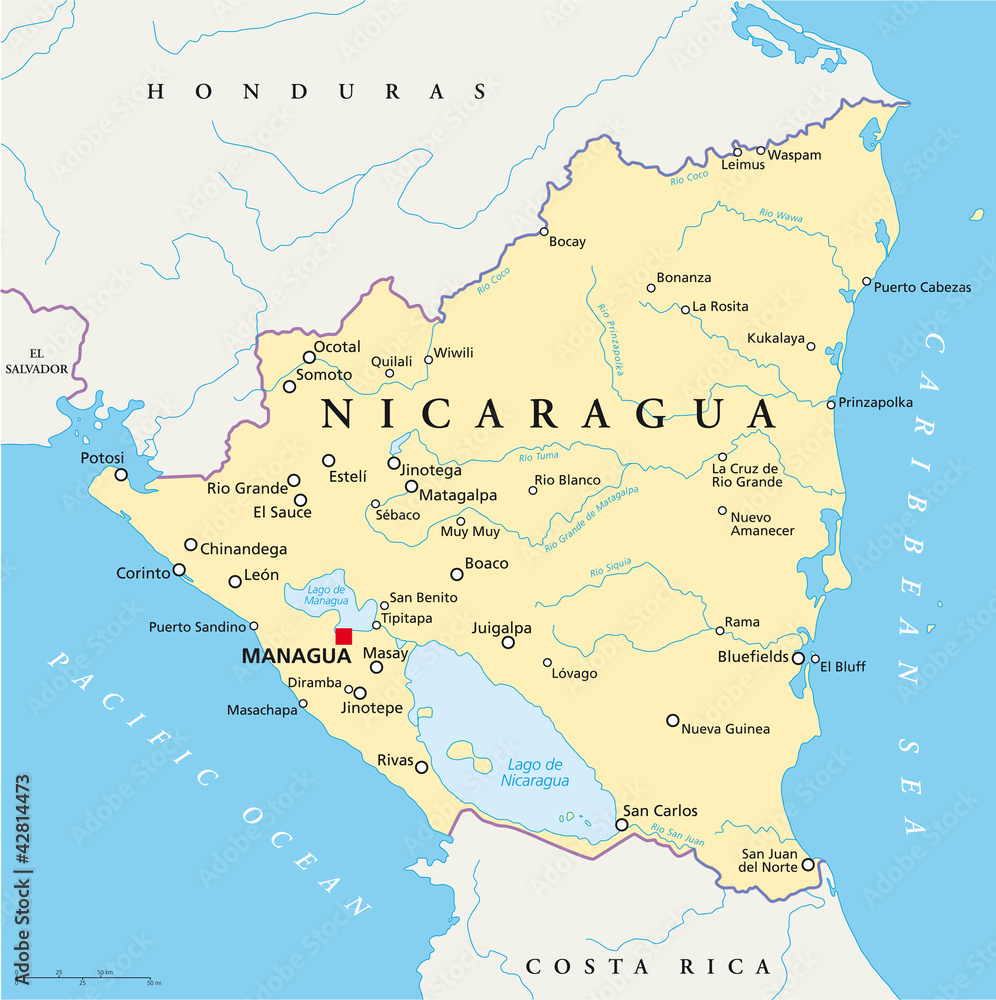 Nicaragua political map with capital Managua, with national borders, most important cities, rivers and lakes. Illustration with English labeling and scaling. Vector.