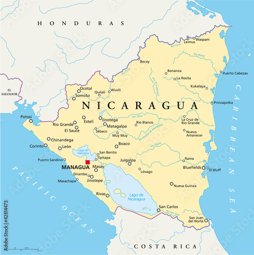 Nicaragua political map with capital Managua  with national borders  most important cities  rivers and lakes. Illustration with English labeling and scaling. Vector.