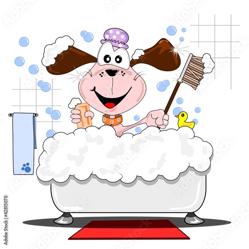 A cartoon dog having a bath