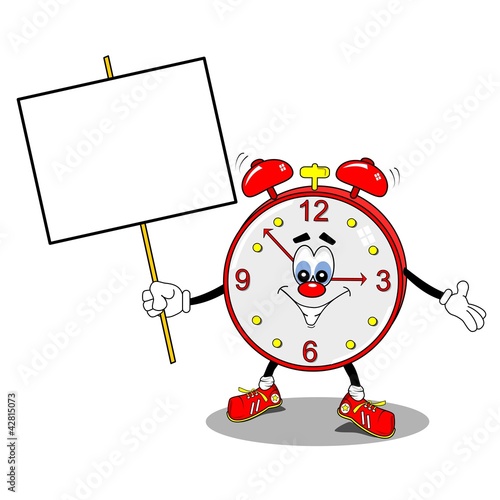 A cartoon alarm clock holding a copy space placard