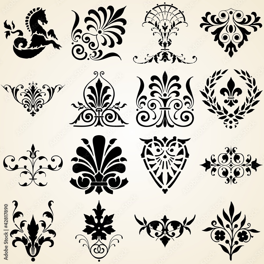 Decorative Ornaments Set of Sixteen Vintage Design Elements