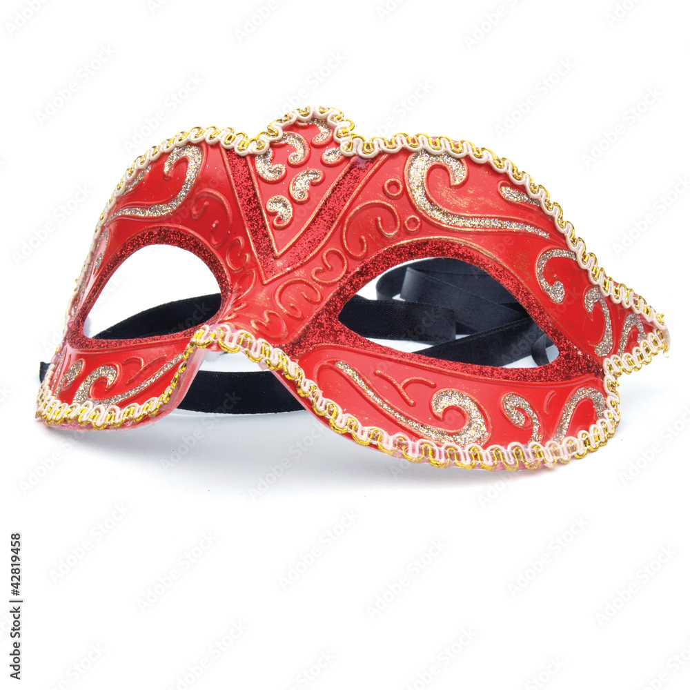 A red masquerade mask on a white background