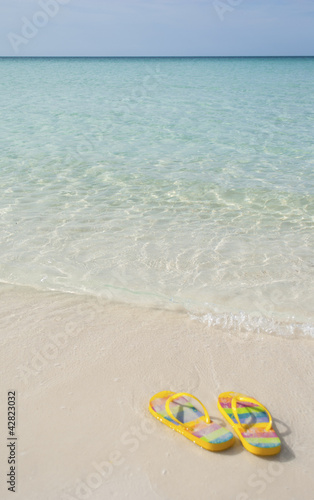 A PAIR OF FLIP FLOPS AT THE BEACH COVERED WITH SAND