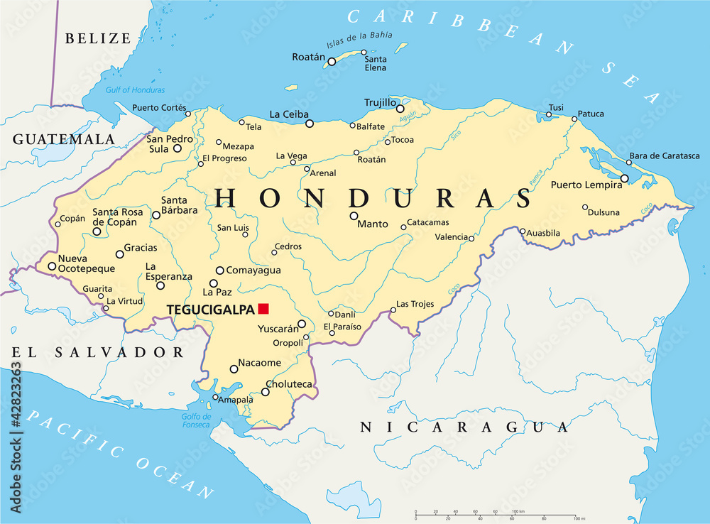 Honduras political map with capital Tegucigalpa, with national borders, most important cities, rivers and lakes. Illustration with English labeling and scaling. Vector.