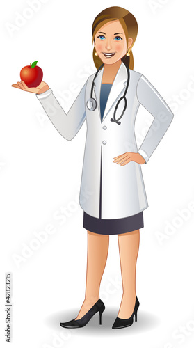 A young woman doctor in uniform holding an apple