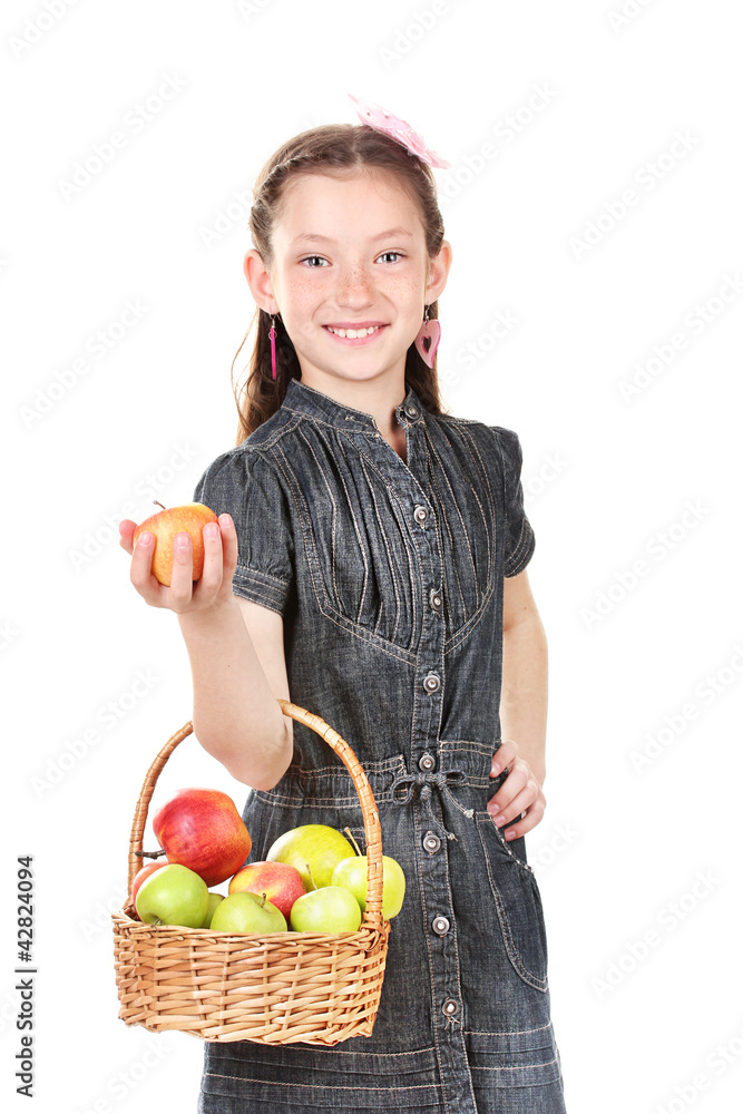 beautiful little girl holding basket of apples isolated on white beautiful little girl holding basket of apples isolated on white