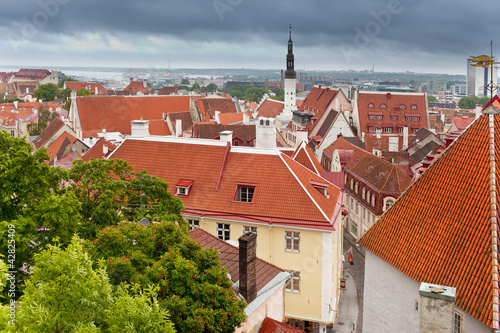 View of Old city's roofs in a thunder-storm.Tallinn.Estonia