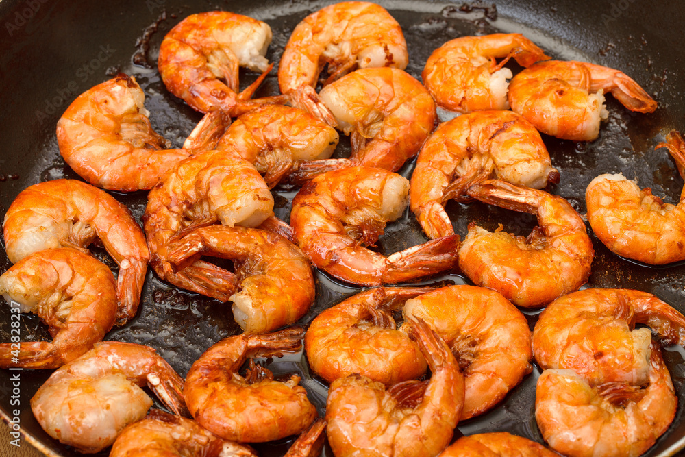 Fried King Prawns in a Frying Pan Fried King Prawns in a Frying Pan