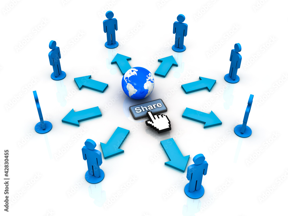 Hand cursor clicking share button concept on white Hand cursor clicking share button concept on white