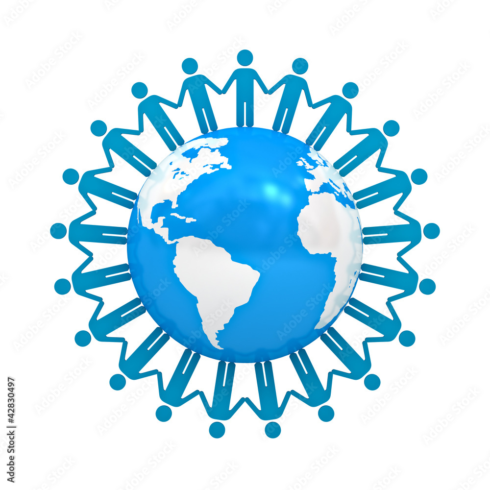People holding hands around globe isolated on white People holding hands around globe isolated on white