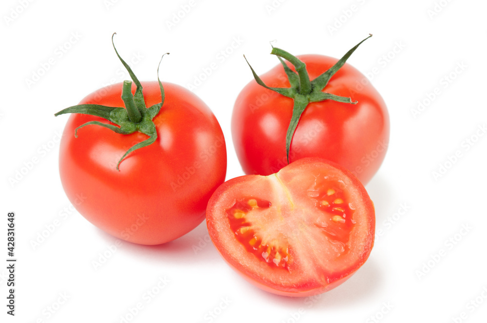 Horizontal shot of ripe tomatoes, isolated on white Horizontal shot of ripe tomatoes, isolated on white