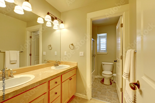 Classic two sink bathroom in beige color.