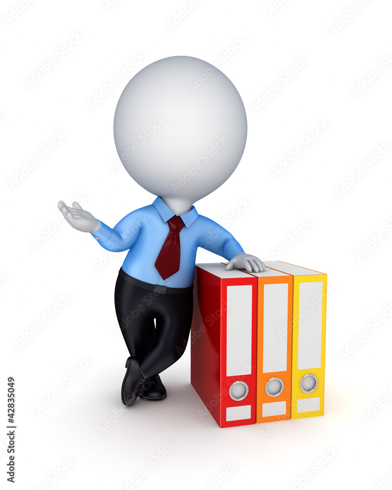 3d small person pushing colorful folders. 3d small person pushing colorful folders.