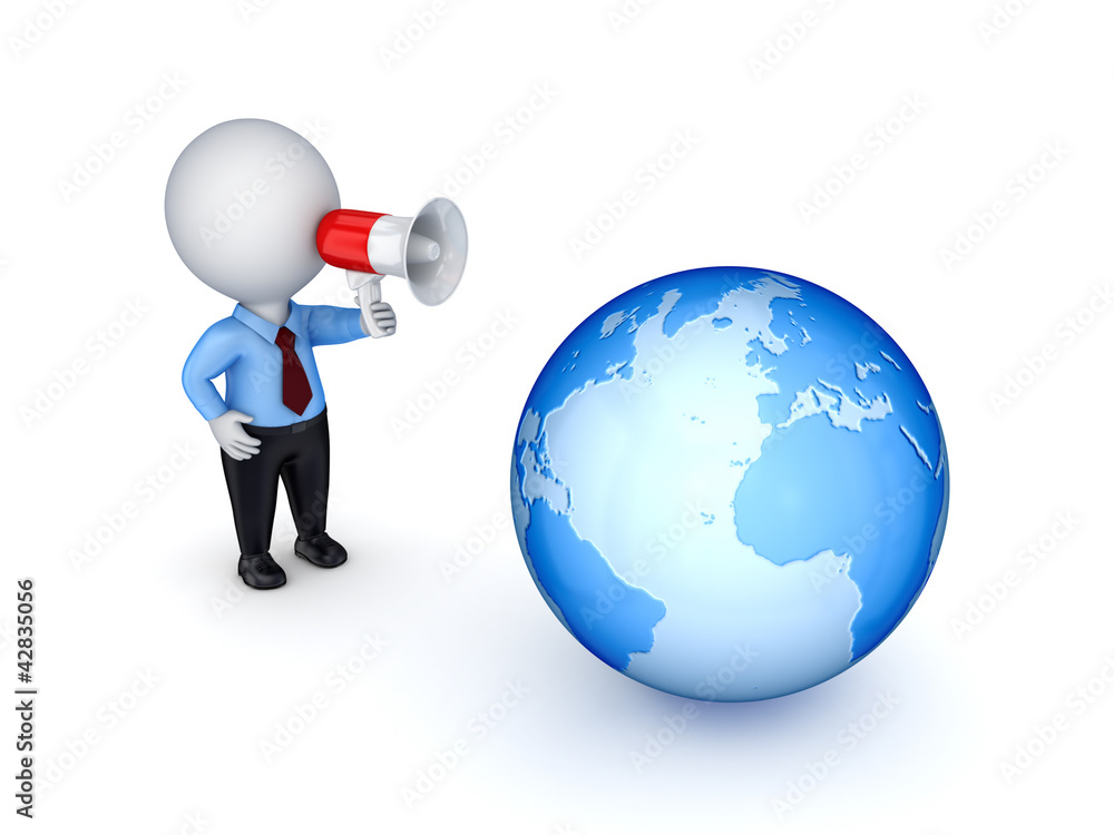 3d small person with megaphone and big globe. 3d small person with megaphone and big globe.