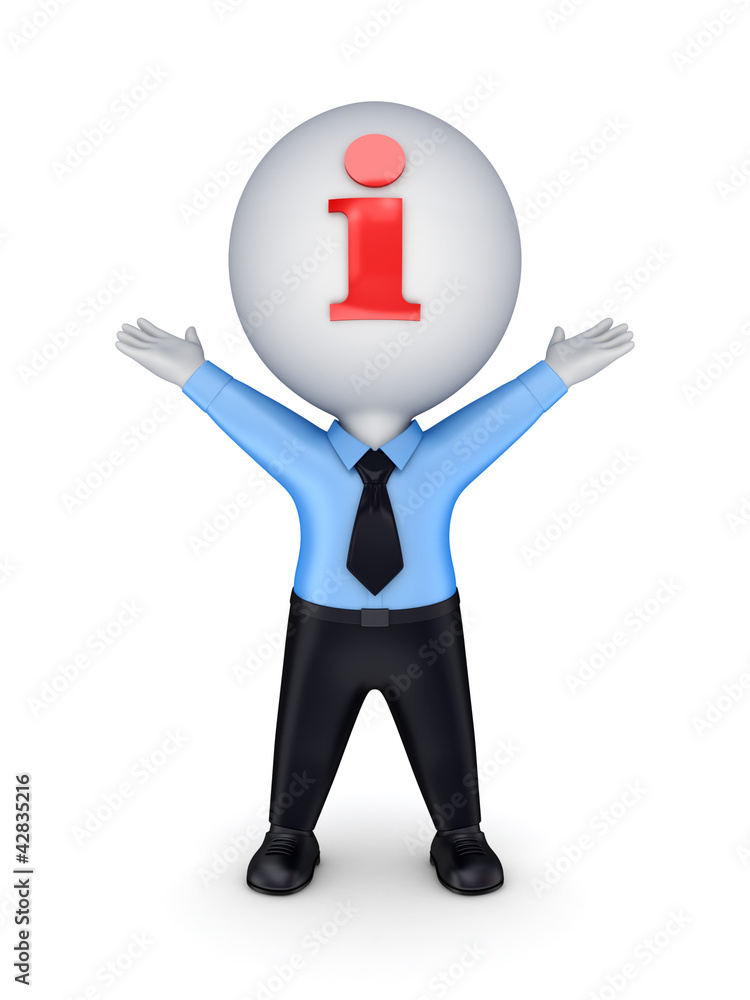 3d small person with an info symbol on face. 3d small person with an info symbol on face.