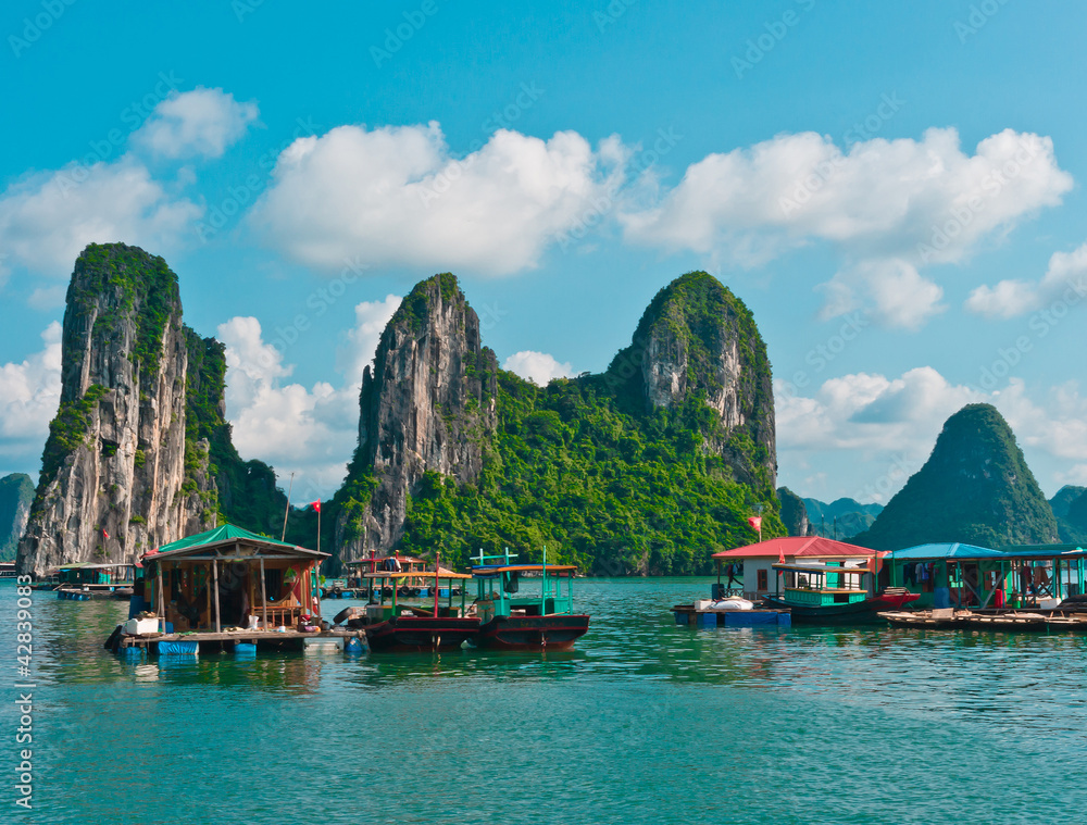 View of Floating Fishing Village in Halong Bay