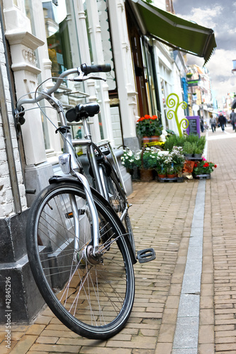 Bicycle is parked near  flower shop in Gorinchem. Netherlands