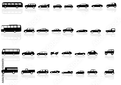 Vector set of silhouettes of cars with reflections