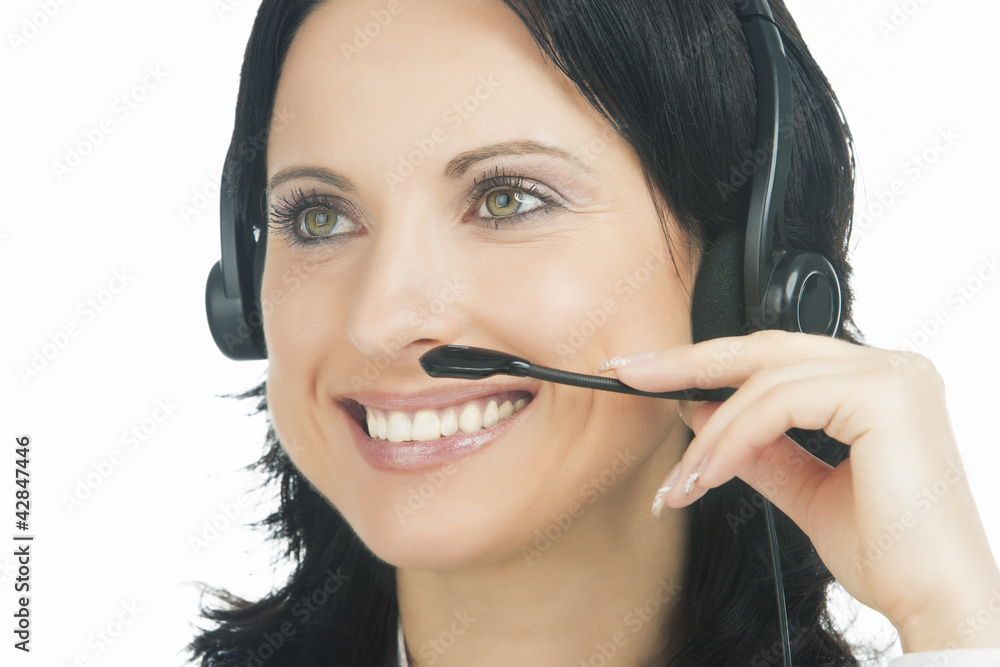 closeup portrait of brunette call-center customer's support oper closeup portrait of brunette call-center customer's support oper