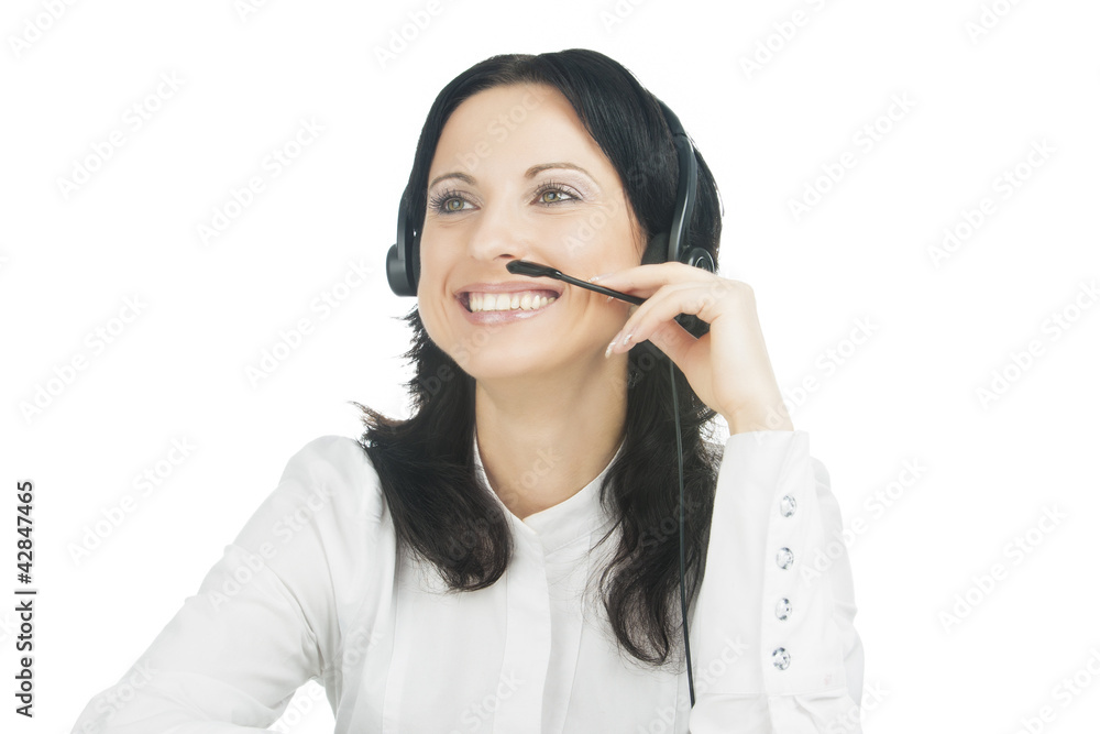 closeup portrait of brunette call-center customer's support oper closeup portrait of brunette call-center customer's support oper