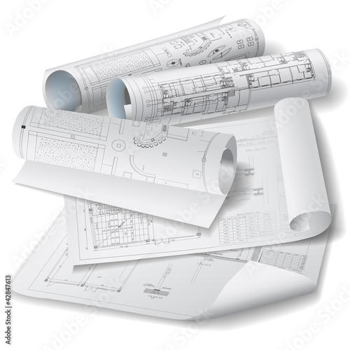 Architectural background with rolls of drawings