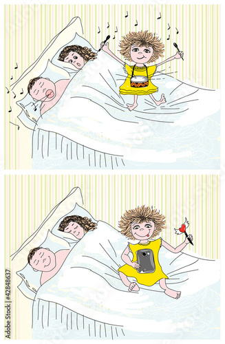 Sleeping parents with playing daughter