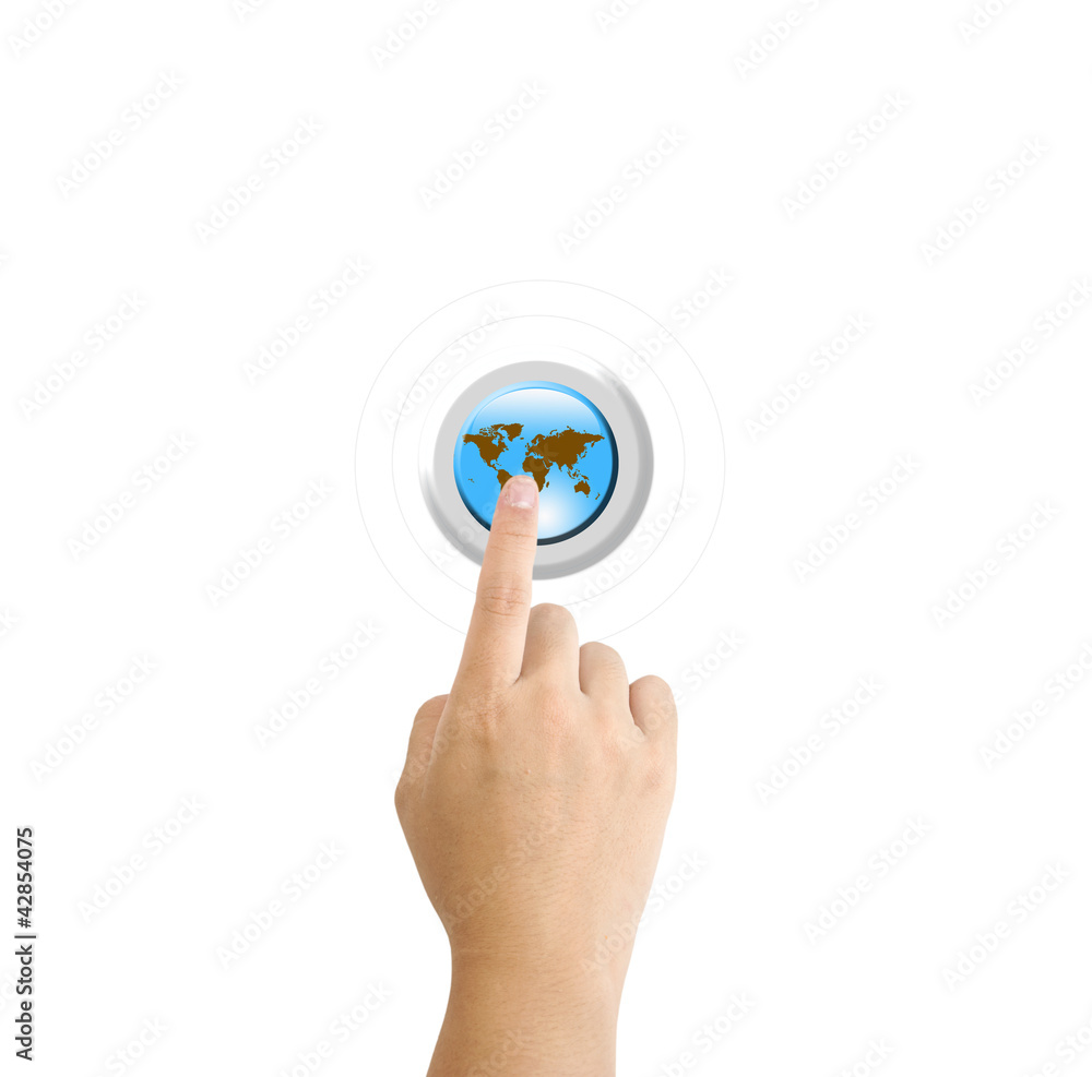 Fototapeta premium Hand pressing a Globe button with index finger extended,