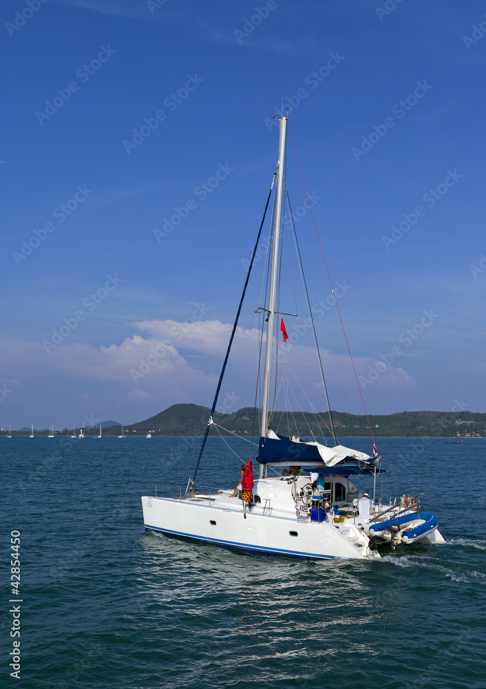 Катамаран в море. Catamaran at sea.