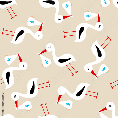 Seamless Pattern Stork With Baby Boy Beige