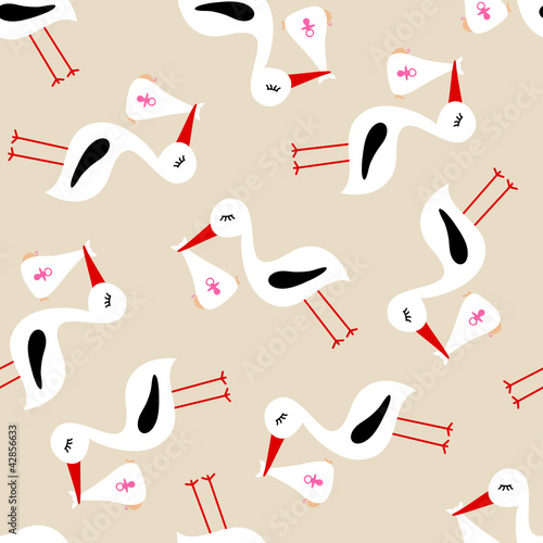 Seamless Pattern Stork With Baby Girl Beige