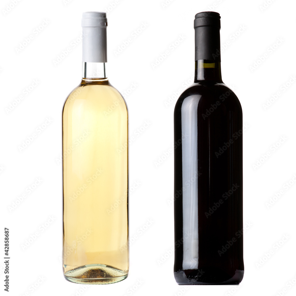 Red and white wine bottles on white background Red and white wine bottles on white background