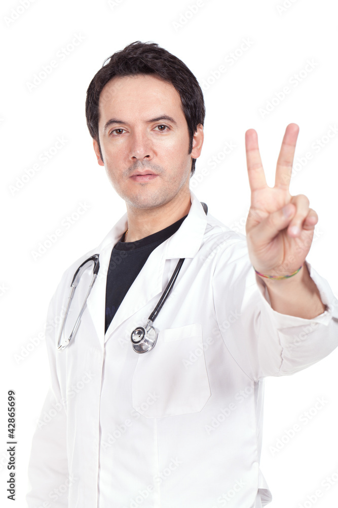 doctor standing and making victory sign doctor standing and making victory sign