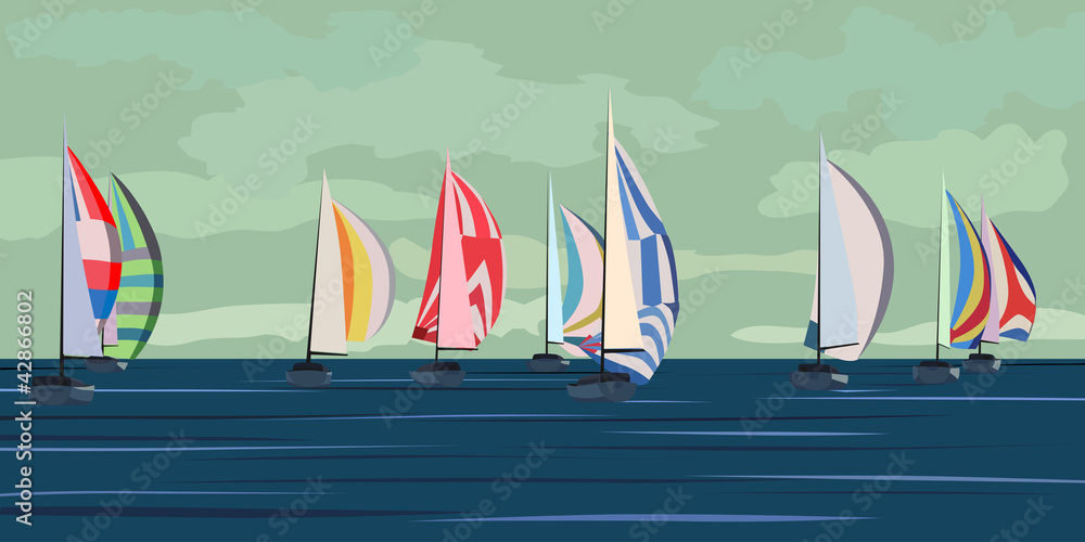 Fototapeta premium Vector illustration of sailing yacht regatta.